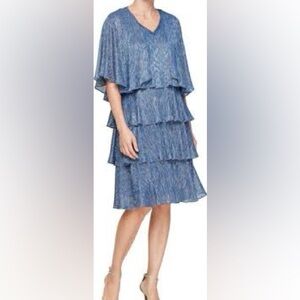 SLNY Women's 2pc Shimmer Navy Layered Midi Dress & Jacket Size 12 Petite